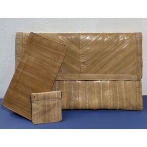 Vintage Genuine Eelskin 3pc Set Tan Envelope Clutch Wallet Coin Purse‎ Korea